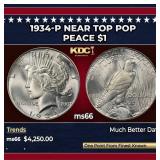 1934-p Peace Dollar Near Top Pop $1 ms66 SEGS