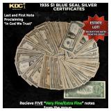 5x 1935 $1 Blue Seal Silver Certificates Grades VF