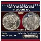 1942-p Mercury Dime Near Top Pop! 10c ms68 FSB SEG
