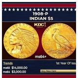 1908-p Gold Indian Half Eagle $5 ms64+ USCG