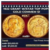 1922 Grant w/Star Gold Commem Dollar TOP POP! 1 ms