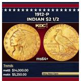 1912-p Gold Indian Quarter Eagle $2 1/2 ms64+ SEGS