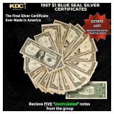 5x 1957 $1 Blue Seal Silver Certificates Grades CU