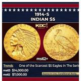 1914-s Gold Indian Half Eagle $5 ms62+ USCG