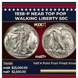 1938-p Walking Liberty Half Dollar Near Top Pop 50