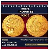 1915-s Gold Indian Half Eagle $5 ms62 USCG