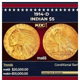 1914-d Gold Indian Half Eagle $5 ms65 USCG