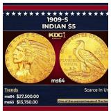 1909-s Gold Indian Half Eagle $5 ms64 USCG