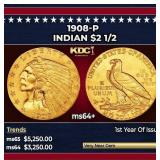 1908-p Gold Indian Quarter Eagle $2 1/2 ms64+ SEGS