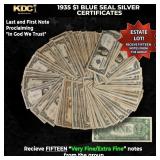 15x 1935 $1 Blue Seal Silver Certificates Grades V