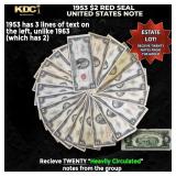 20x 1953 $2 Red Seal United States Note Heavily Ci