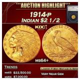 1914-p Gold Indian Quarter Eagle $2 1/2 ms64+ SEGS