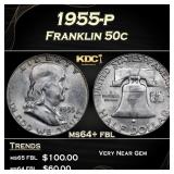 1955-p Franklin Half Dollar 50c Grades ms64+ fbl