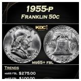 1955-p Franklin Half Dollar 50c Grades ms65+ fbl