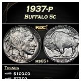 1937-p Buffalo Nickel 5c Grades ms65+