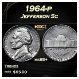1964-p Jefferson Nickel 5c Grades ms65+