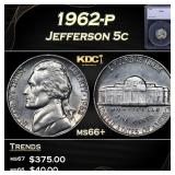 1962-p Jefferson Nickel 5c ms66+ SEGS