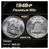 1948-p Franklin Half Dollar 50c Grades ms64 fbl