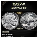 1937-p Buffalo Nickel 5c Grades ms63+