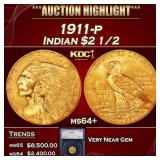 1911-p Gold Indian Quarter Eagle $2 1/2 ms64+ SEGS