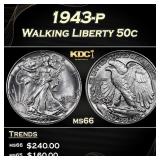 1943-p Walking Liberty Half Dollar 50c Grades ms66