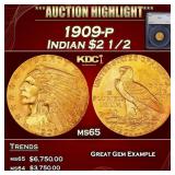 1909-p Gold Indian Quarter Eagle $2 1/2 ms65 SEGS