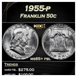 1955-p Franklin Half Dollar 50c Grades ms65+ fbl