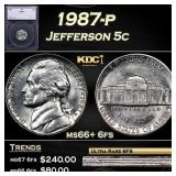 1987-p Jefferson Nickel 5c ms66+ 6fs SEGS
