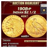 1908-p Gold Indian Quarter Eagle $2 1/2 ms65+ SEGS