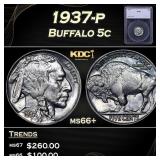 1937-p Buffalo Nickel 5c ms66+ SEGS