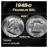1948-d Franklin Half Dollar 50c Grades ms64 fbl