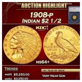 1908-p Gold Indian Quarter Eagle $2 1/2 ms64+ SEGS