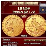1914-p Gold Indian Quarter Eagle $2 1/2 ms65 SEGS