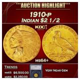 1910-p Gold Indian Quarter Eagle $2 1/2 ms64+ SEGS