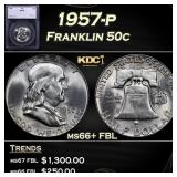 1957-p Franklin Half Dollar 50c ms66+ FBL SEGS