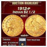 1912-p Gold Indian Quarter Eagle $2 1/2 ms64+ SEGS