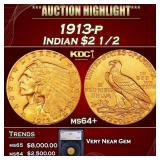 1913-p Gold Indian Quarter Eagle $2 1/2 ms64+ SEGS