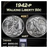 1942-p Walking Liberty Half Dollar 50c ms67 SEGS