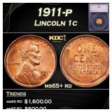 1911-p Lincoln Cent 1c ms65+ rd SEGS