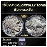 1937-p Buffalo Nickel Colorfully Toned 5c ms66+ SE