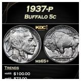 1937-p Buffalo Nickel 5c Grades ms65+