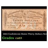 1864 Confederate States Thirty Dollars Note Grades