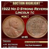 1922 No D Lincoln Cent Strong Reverse 1c xf45 SEGS
