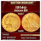 1914-d Gold Indian Half Eagle $5 ms65 USCG