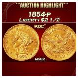 1854-p Gold Liberty Quarter Eagle $2 1/2 ms62 USCG