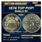 1874 Proof Shield Nickel TOP POP! 5c pr67+ cam SEG