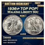 1936-p Walking Liberty Half Dollar TOP POP! 50c ms