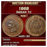 1868 Indian Cent 1c Grades ms65+ BN