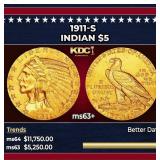 1911-s Gold Indian Half Eagle $5 ms63+ USCG