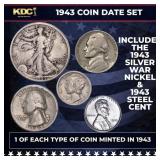 1943 5 Coin Date Set, 1 Of Each Type Of Coin Minte